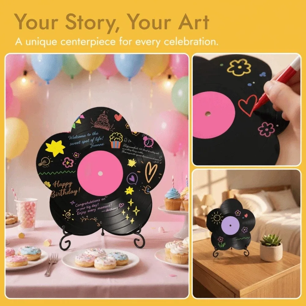 Creative Flower Shape Vinyl Record Ornament Iron Rack Art DIY Graffiti Disc with Mark Pens Decorative Acrylic Decoration Bedroom