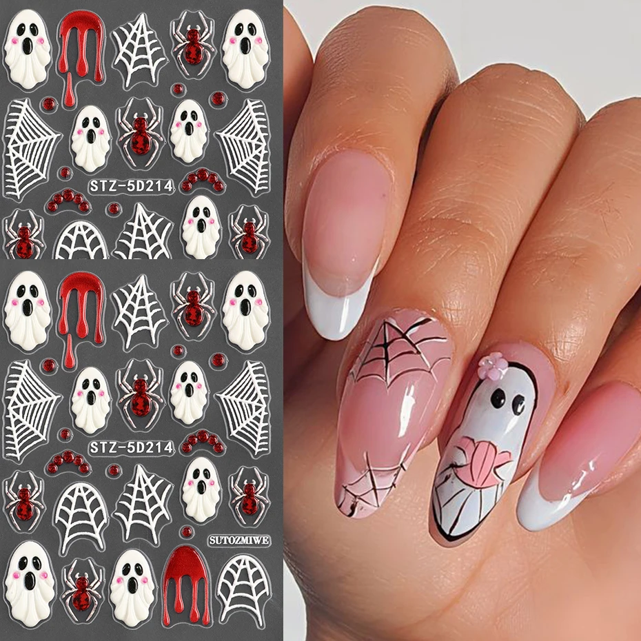 Frame Ghost 5D Nail Art Stickers  Halloween Webs & Blood Drop Nail Art Decals Cute Halloween Nail Pattern For Nail Decoration