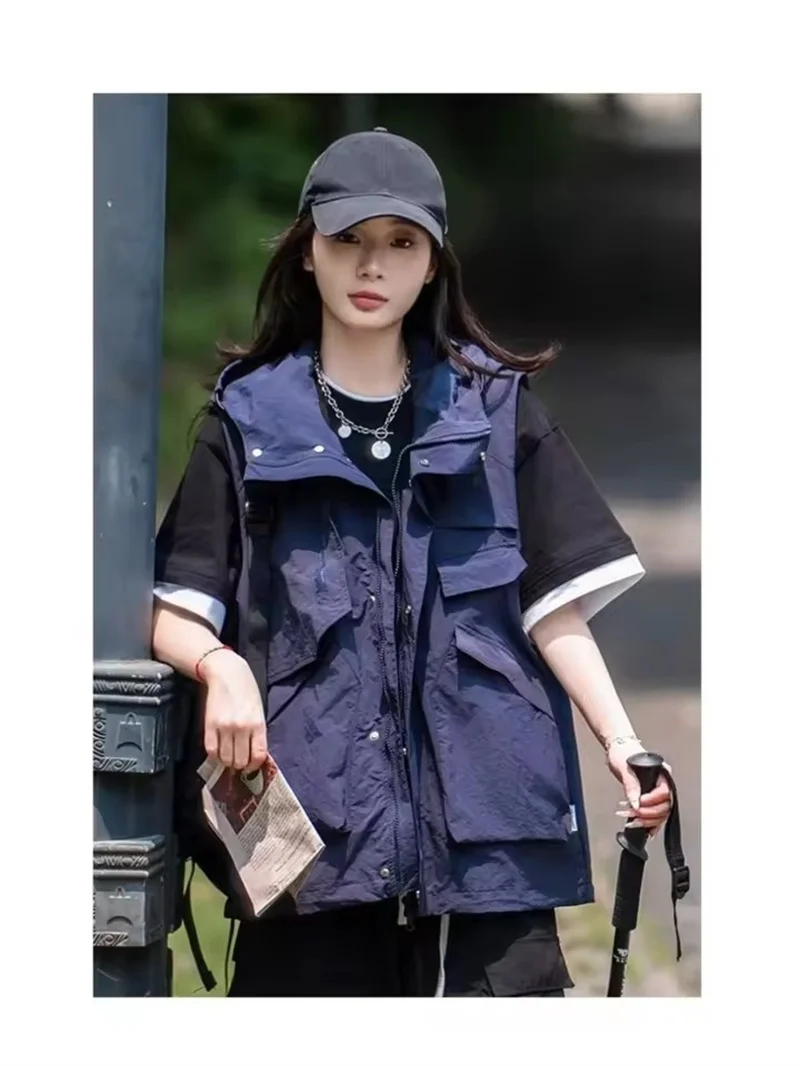 Roupa de trabalho ao ar livre colete fino grande bolso montanhismo sem mangas jaqueta verão das mulheres dos homens com zíper colete com capuz