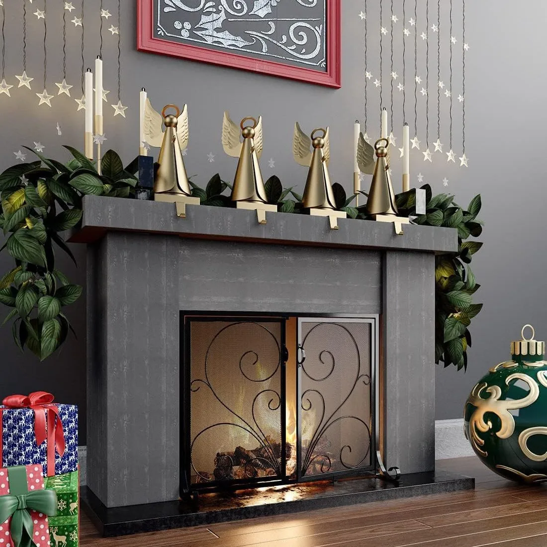 Floor-to-ceiling flat fireplace screen, wrought iron fireplace fence