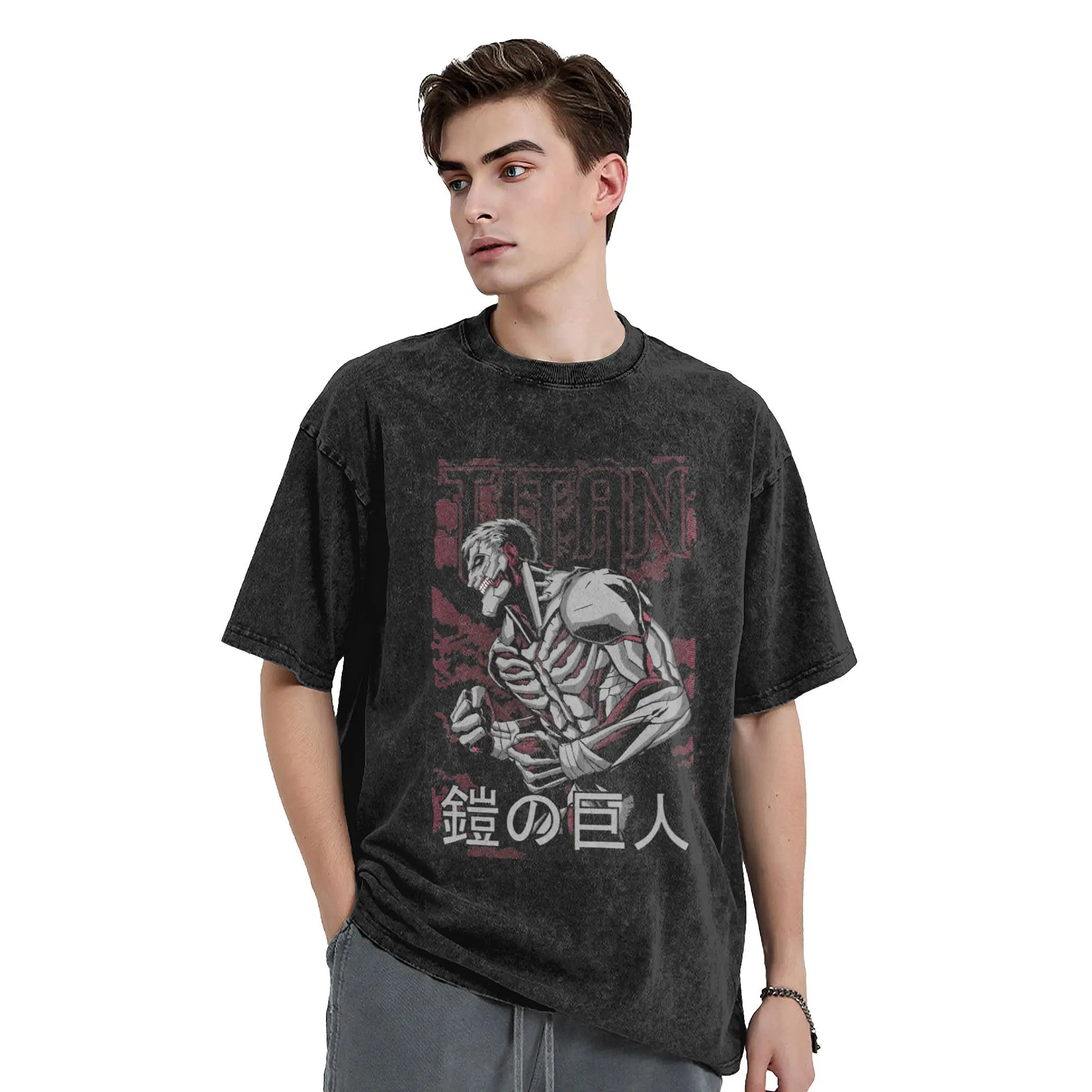 Funny Attack on Titan the Armored One Vintage Washed Tshirts Unisex Crewneck Short Sleeve Tops Eren Yaeger Cotton Summer Tops