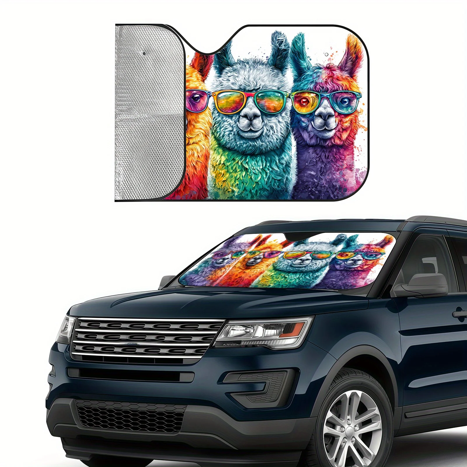 Colorful Alpaca Car Sunshade, Featuring Fashion Glasses Design And Splatter-paint Colors, Blocks Heat. Includes 4 Suction Cups F