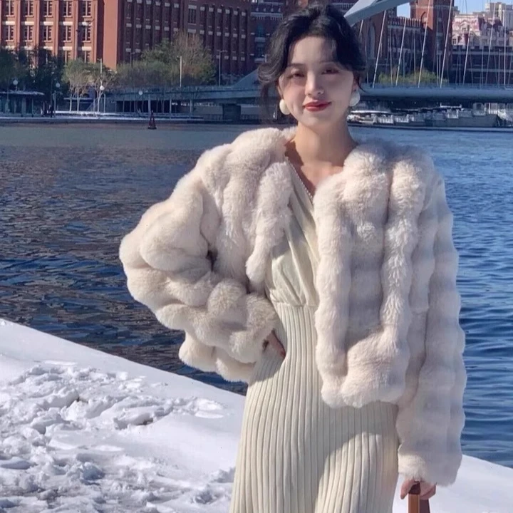 Mulheres peludo pele do falso casacos curtos jaquetas em torno do pescoço casaco grosso quente y2k streetwear jaqueta trabalho elegante outerwear outono inverno