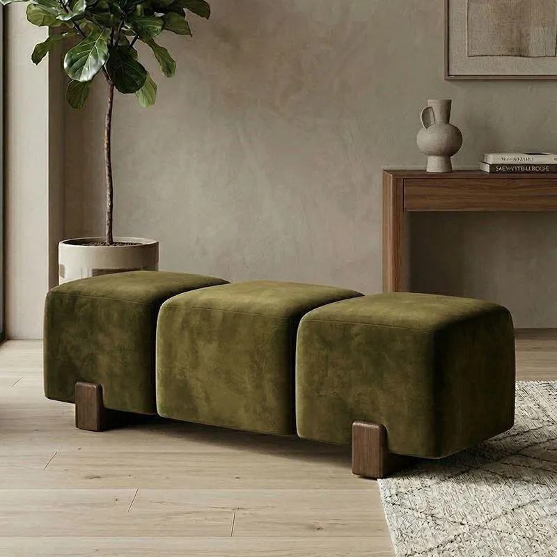 Nordic simple retro wind sofa stool pedal three-color splicing velvet bread home living room