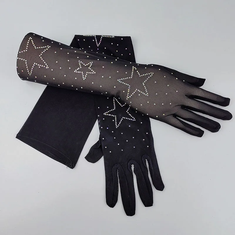 

55CM Long Thin Sexy Lace Sunscreen Black Mesh Star Shiny Rhinestone Gloves Cosplay Halloween Makeup Party Costumes Accessories