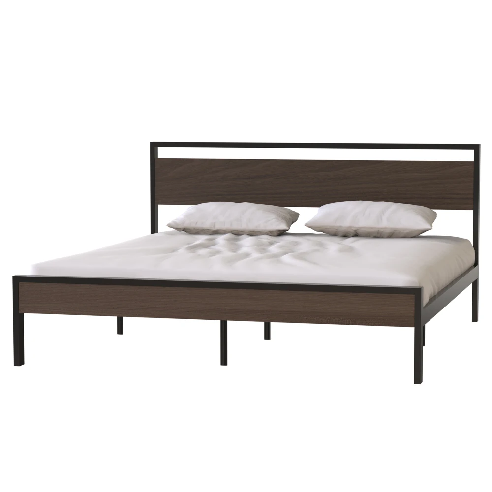 King Size Metal Platform Bed Frame with Wooden Headboard and Footboard, Mattress Foundation, Large Under Bed Storage, Walnut