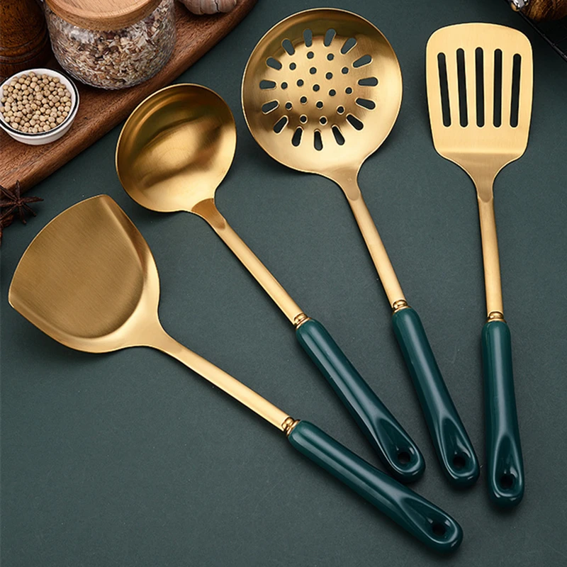 Green Golden Ceramic Handle Spatula Soup Spoon Stainless Steel Home Cooking Tool Set Colander Novel Chinese Kitchen Accessories