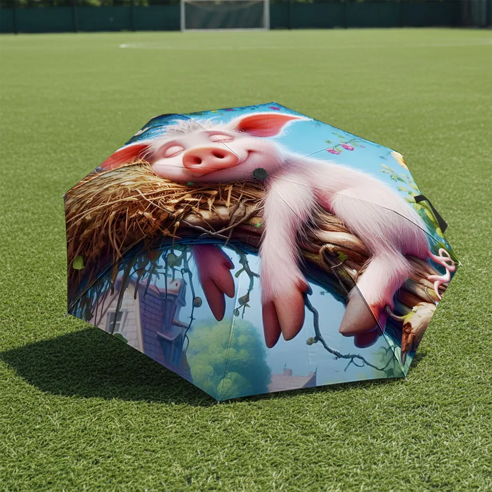 1P C Adorable Piglet Design Umbrella in Front of Iconic Building Print 8 Iron Ribs Folding Umbrella Auto-Open Fashion Sunshade