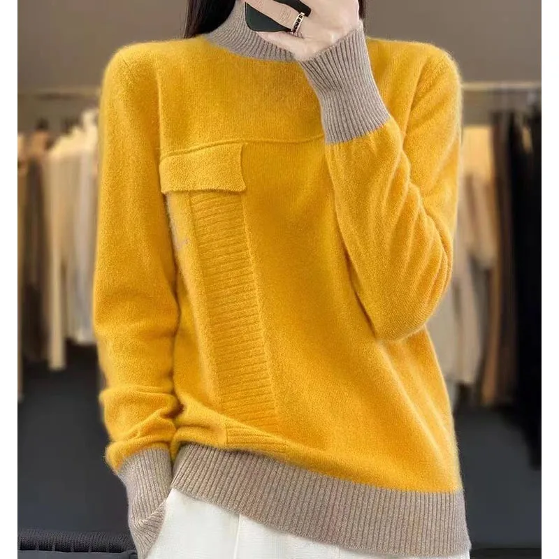 New Autumn and Winter Fashion Korean Edition Colored Half High Neck High End Loose Versatile Slim Long Sleeve Women\'s Sweater