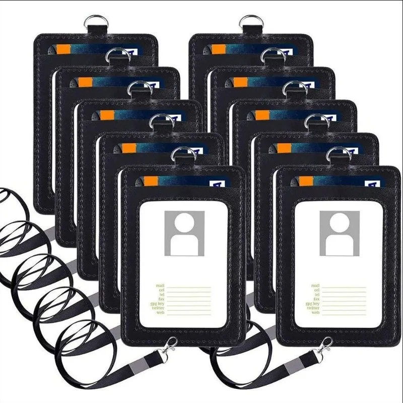 PU Leather Multi Slot Name ID Card Holder Lanyard Set Badge Holder Vertical Working Permit Case Pass Work Card Cover Sleeve