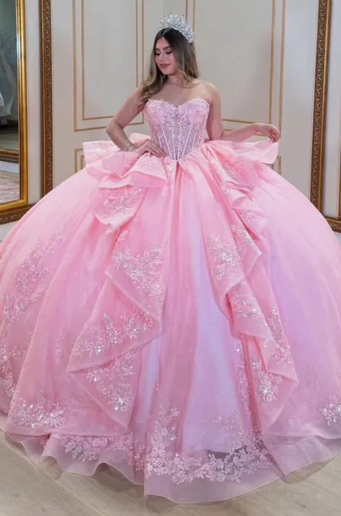 فساتين FURSTENBERG Quinceeneara للأطفال باللون الوردي والكشكشة مع فيونكة ترتر بدون حمالات واتو فستان الحفلات 15 Anos Vestido مخصص #2