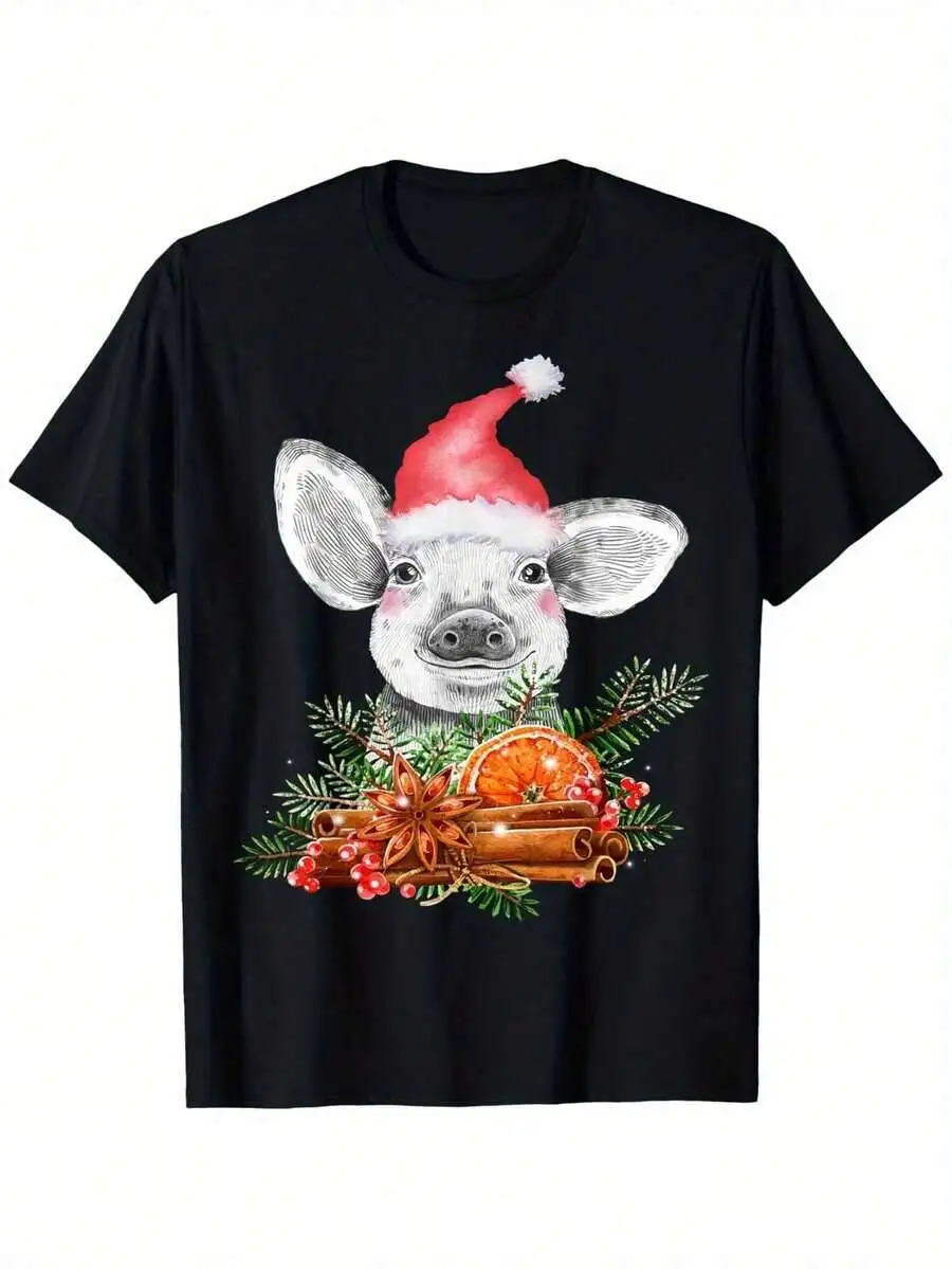 Funny Santa Hat Cute Pig Print T-Shirt Pure For Men Women Dad Mom And Friends Regular Sizes Are 100% Cotton Trendy Y2K