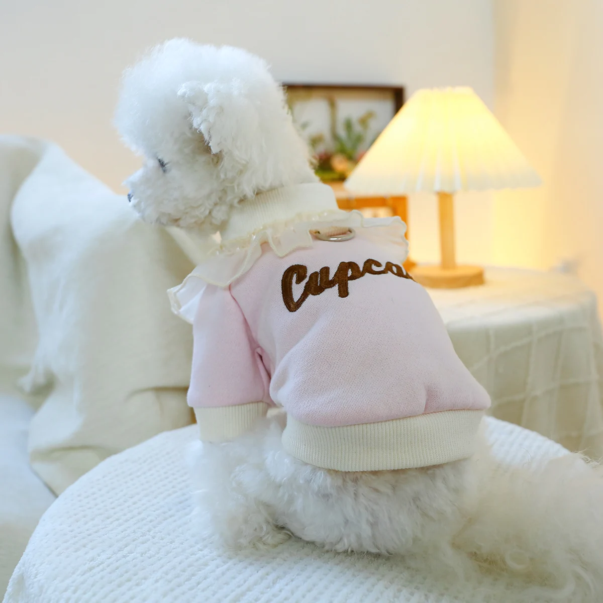 1PC Pet Clothing Cat Spring Autumn Plush Thickened Pink Cake Lace Pullover Round Neck Shirt Suitable for Small and Medium Dogs