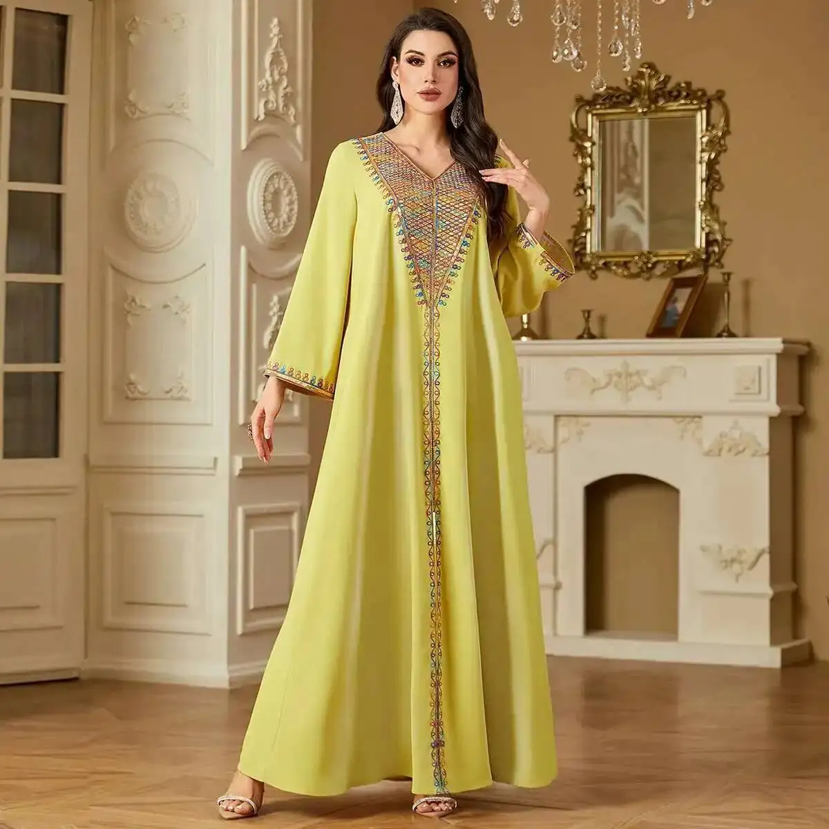 

Элегантное мусульманское платье-роба 4220 с вышивкой бисером, арабское платье из Дубая, длинное мусульманское платье-роба, абайя, роскошное исламское платье для Рамадана из Дубая