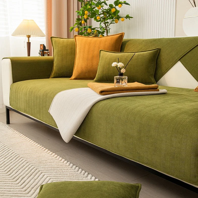 Striped Living Room Sofa Cushion Simple Non-Slip Sofa Cushion Armrest Backrest Universal Sofa Cover Chenille Fabric Solid Color
