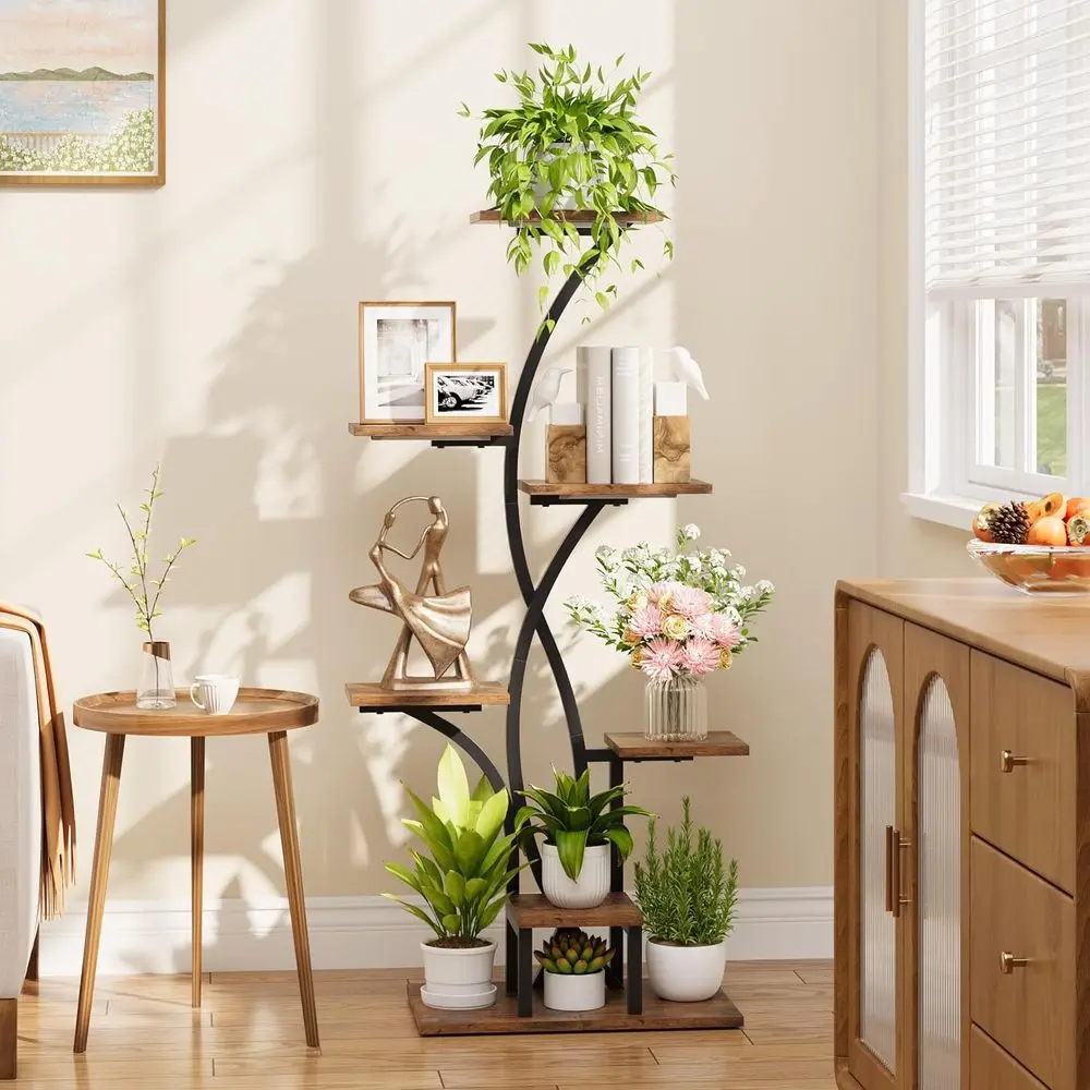 7-laags hoekplantenstandaard voor binnen met kweeklampen, bloemvormig rek voor woonkamer en terras