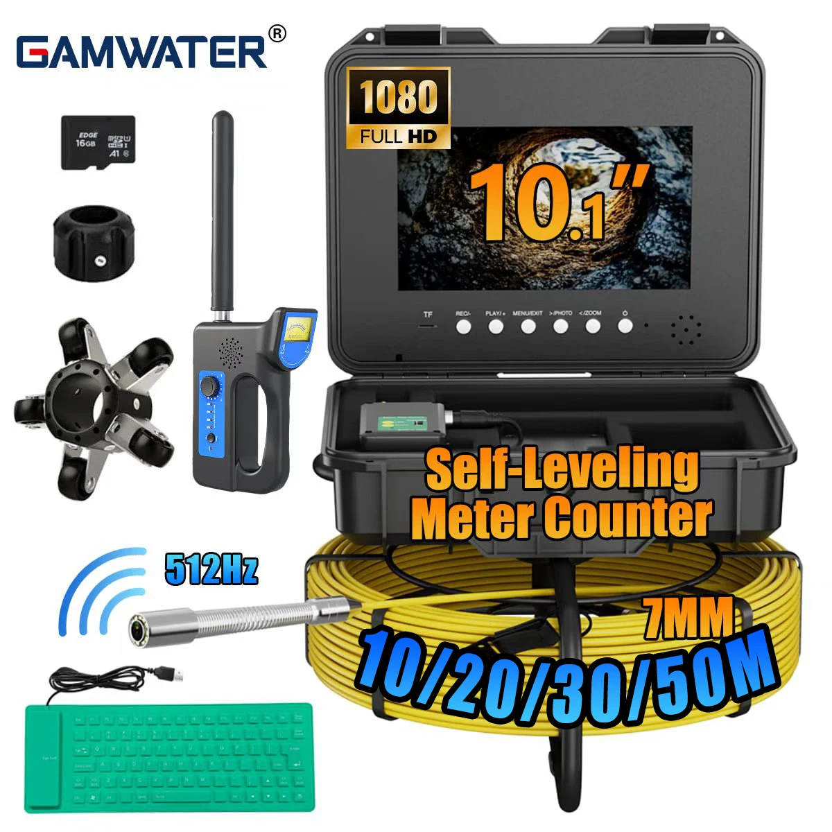 Sewer Inspection Camera - 512Hz Self-Leveling Sewer Camera with 7mm Cable, 1080P Endoscope Camera with 12 LEDs 4500mAH Battery