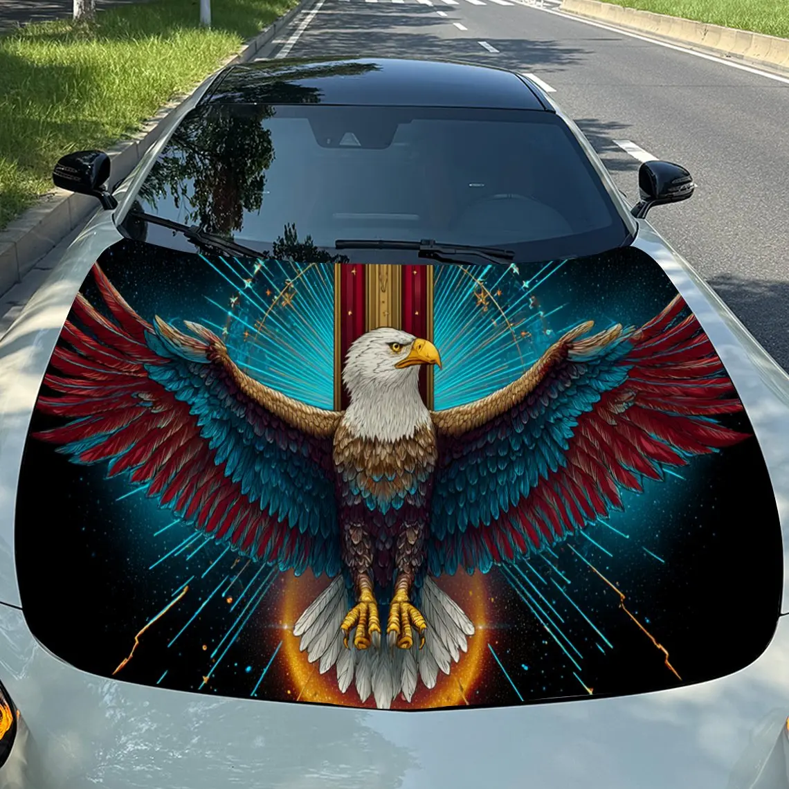 Patriotic Eagle Thunder Majesty PVC Car Engine Hood Vinyl Wraps, Self-Adhesive Waterproof Car Hood Decal Sticker, Car Decoration