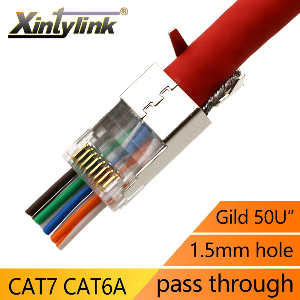 Xintylink CAT8 CAT7 CAT6A RJ45 Connector 50U Ethernet Cable Plug Network SFTP FTP STP Shielded Jack Pass Through 1.5mm Hole