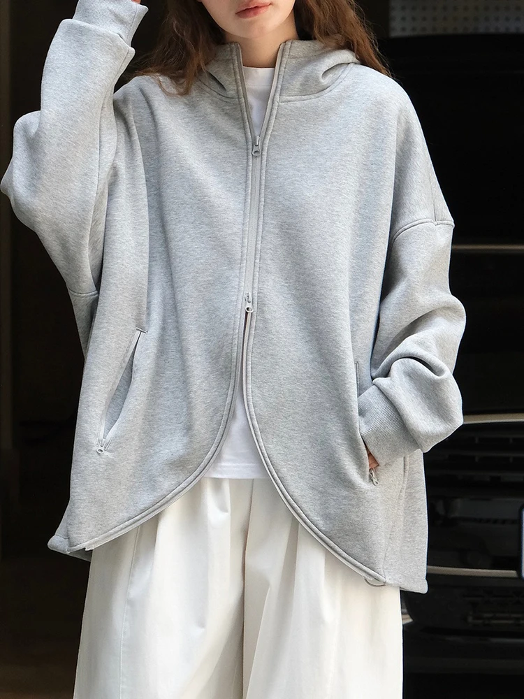 [EAM] Gray Irregular Hem Big Size Casual Jacket New Hooded Long Sleeve Women Coat Fashion Tide Spring Autumn 2024 1DH7115