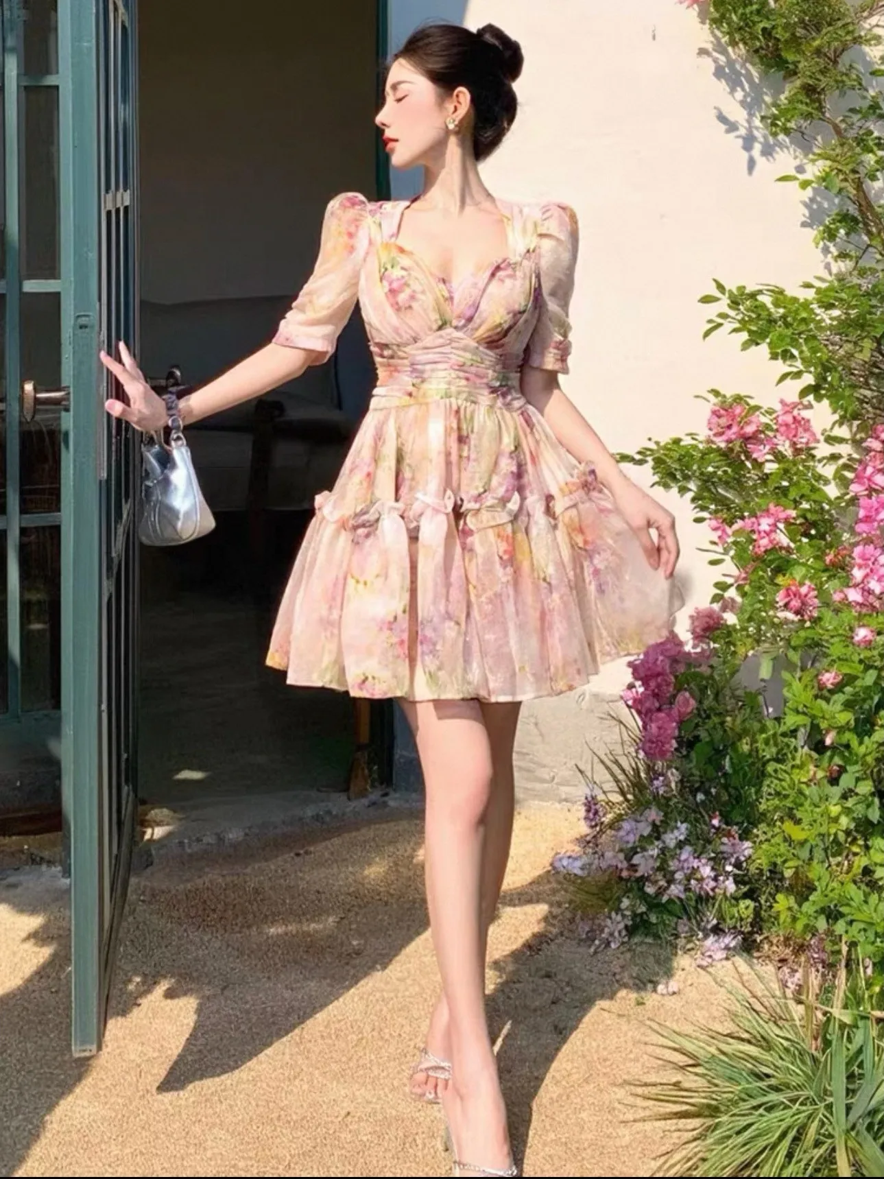 Nude Pink Floral Ball Gown Dress Cute Puff Sleeve Square Collar Short Dress Princess Party Dresses Sweet Holiday Korean Fashion