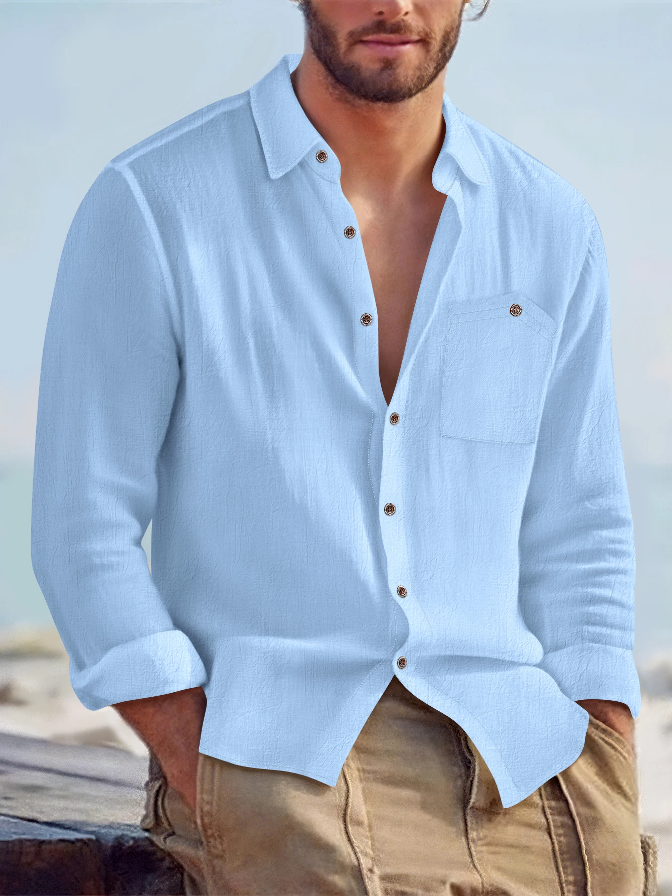 

2025 Autumn New Men's Cotton and Hemp Long Sleeve Shirt Loose Casual with Pocket Collar Shirt