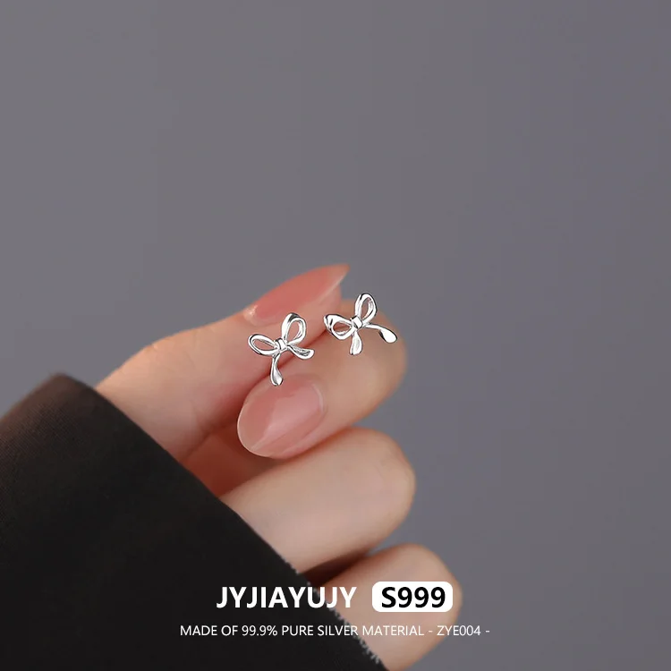 

JYJIAYUJY 100% Pure Silver S999 Stud Earrings Butterfly Bow Small Earrings 8mm Size Smooth Korean High Quality Daily ZYE004