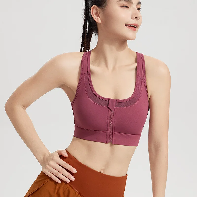 Women's Front Zipper Mesh Sports Bra One-Piece Breathable High Support Running Yoga Gym Workout Tank Top