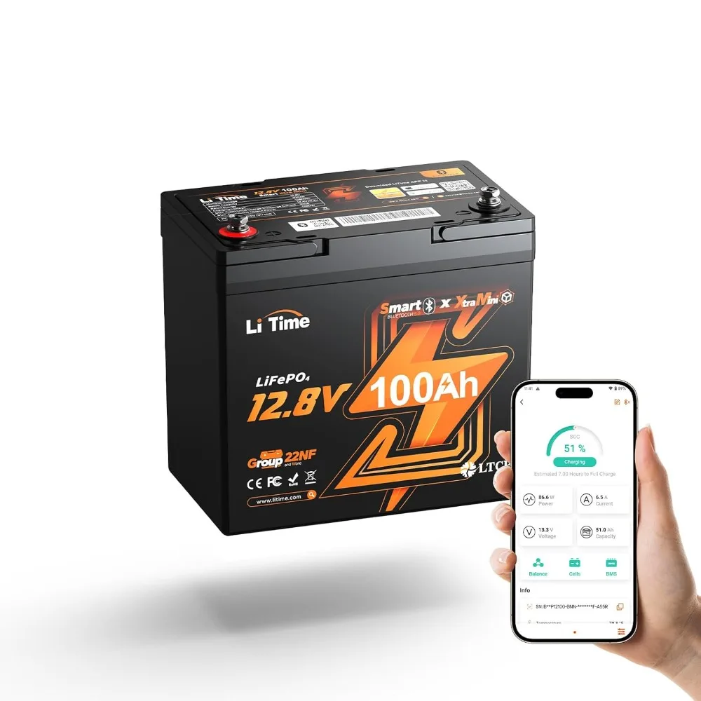 12V 100Ah Mini Bluetooth LiFePO4 Battery, 15000 Deep Cycle 100A BMS, RV Camper Boat Yacht Kayak, Custom