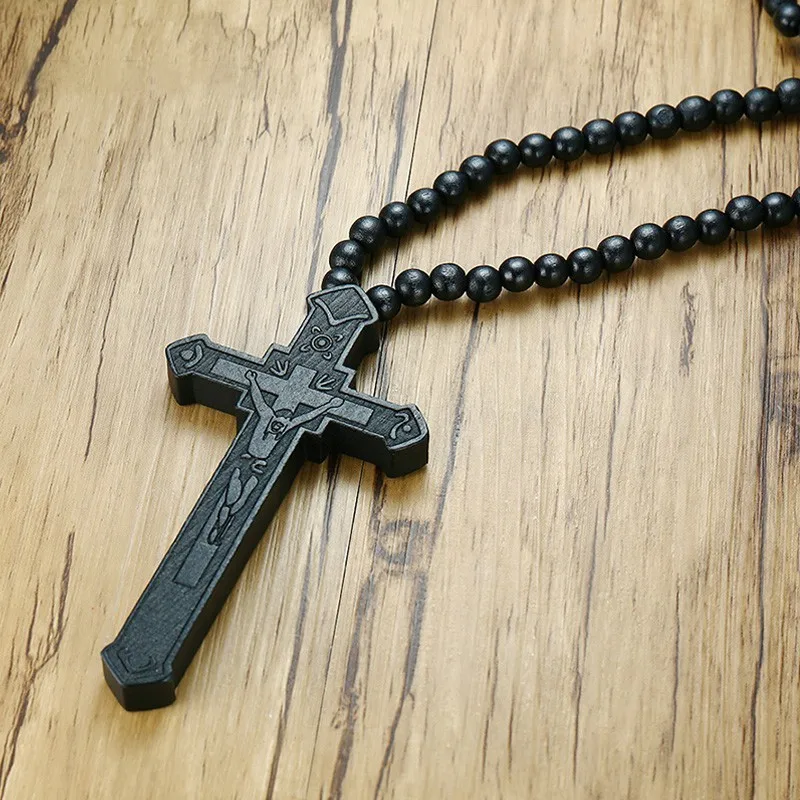 Large Wood Catholic JesusMens Cross With Wooden Bead Carved Rosary Pendant Long Collier Statement Necklace