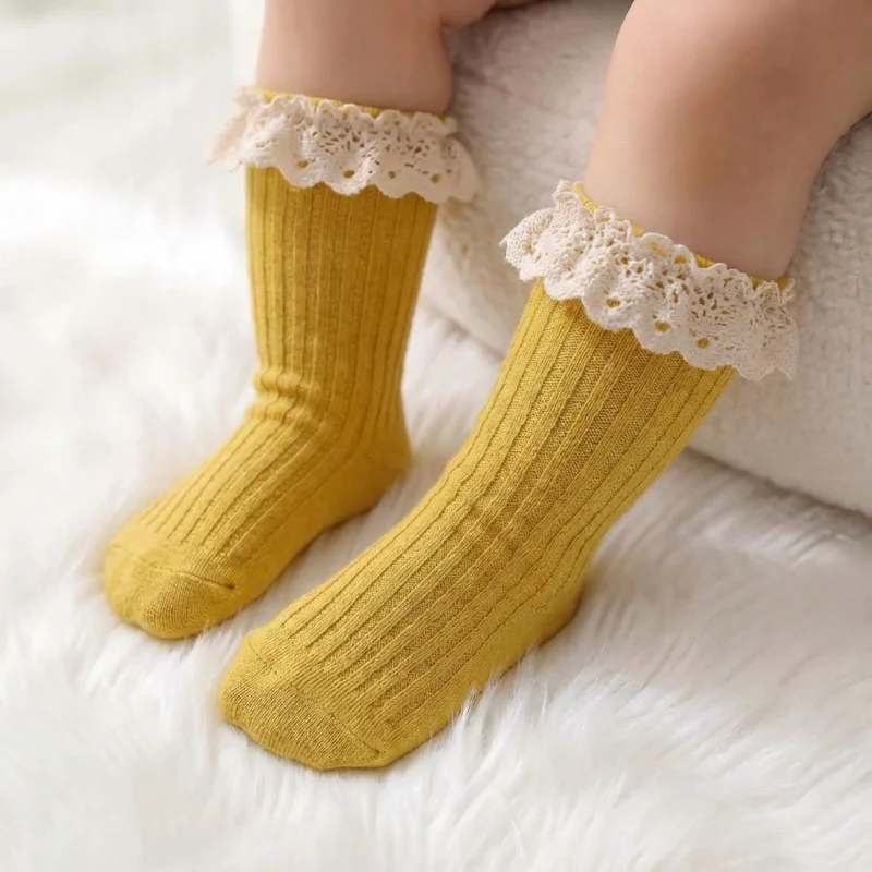 Kids Girls Socks Spring Autumn Solid Lace Ruffle Princess Elegant Children's Long Socks For Girls Casual Baby Long Sock 0-5Years