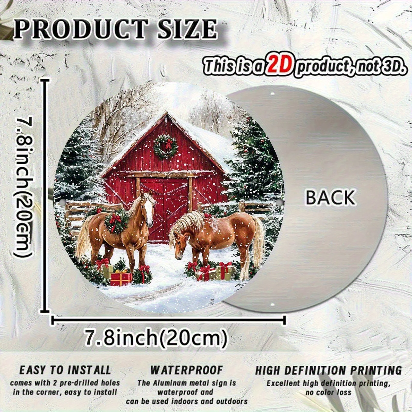 2D Flat, 2D Flat2D FlatRetro Double Horse Barn Scene Wall Art-round Aluminum Foil Carving Metal, High Definition Waterproof Dust