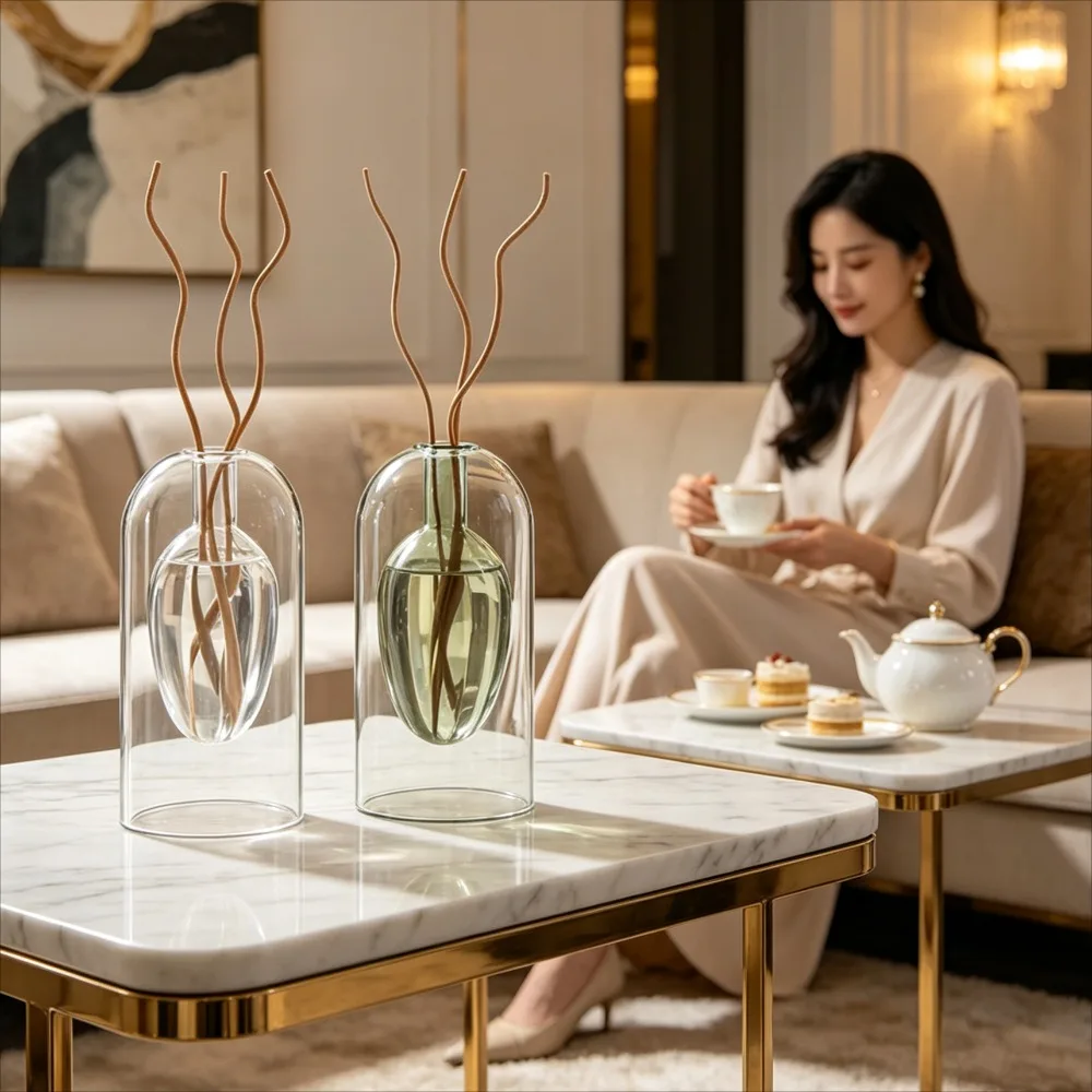 Double‑Layer Dome Glass Reed Diffuser Bottle Empty Aromatherapy Vase, Minimalist Fragrance Container for Living Room Decor