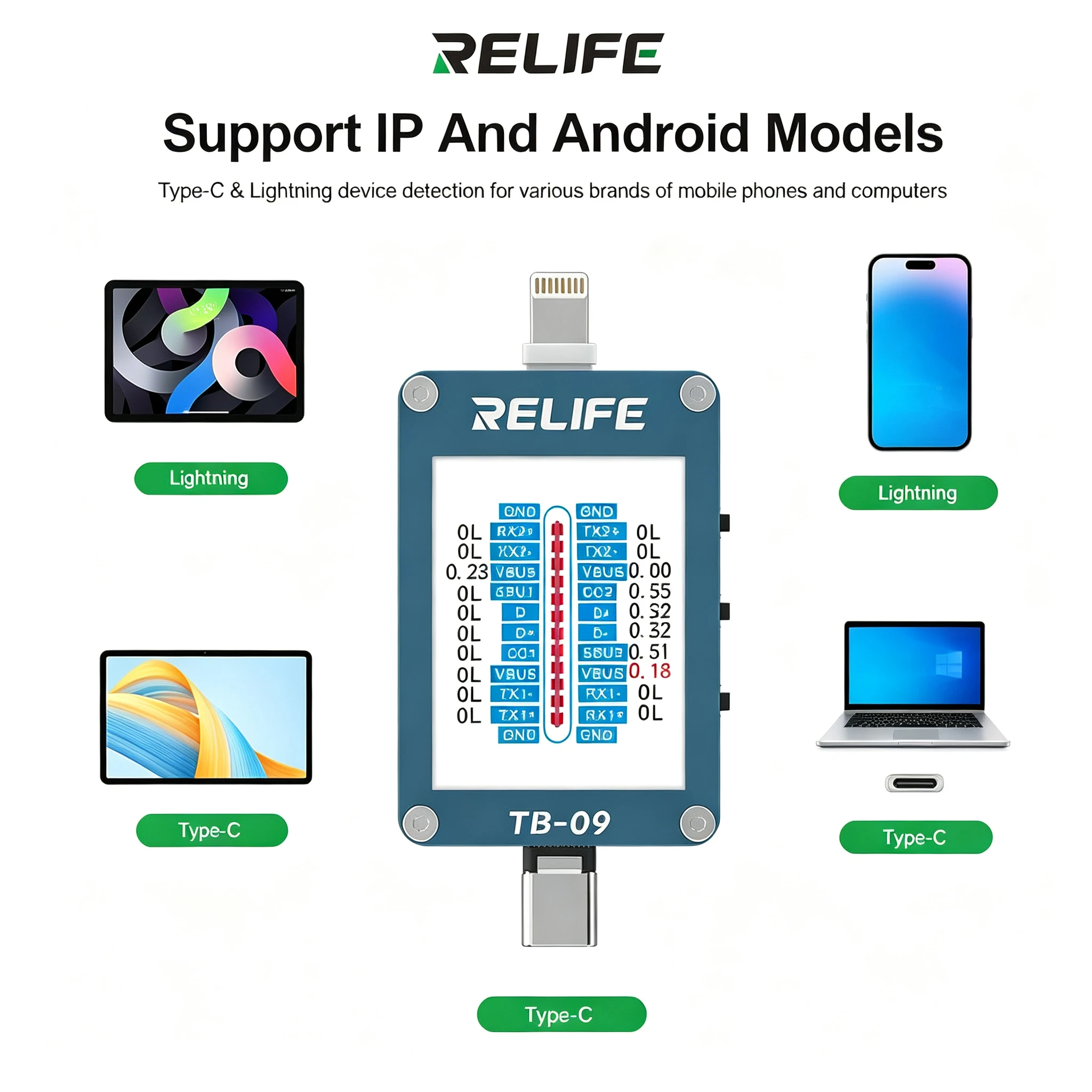 RELIFE TB-09 Tail Plug Dock Detection Tool High-definition Display for IP Android Charging Port Tester Phone Diagnosis Repair