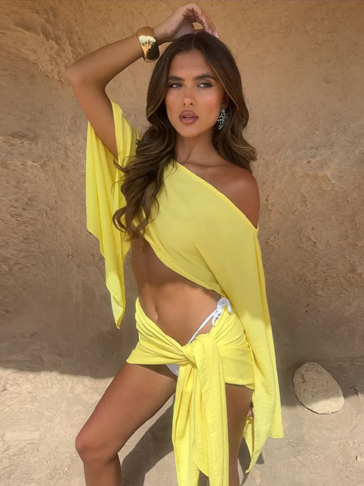 Mozision Sexy Skirt Two Piece Sets Women Skew Collar Cape Sleeve Crop Tops And Hot Skirt Matching Sets Sexy Beach Two Piece Set