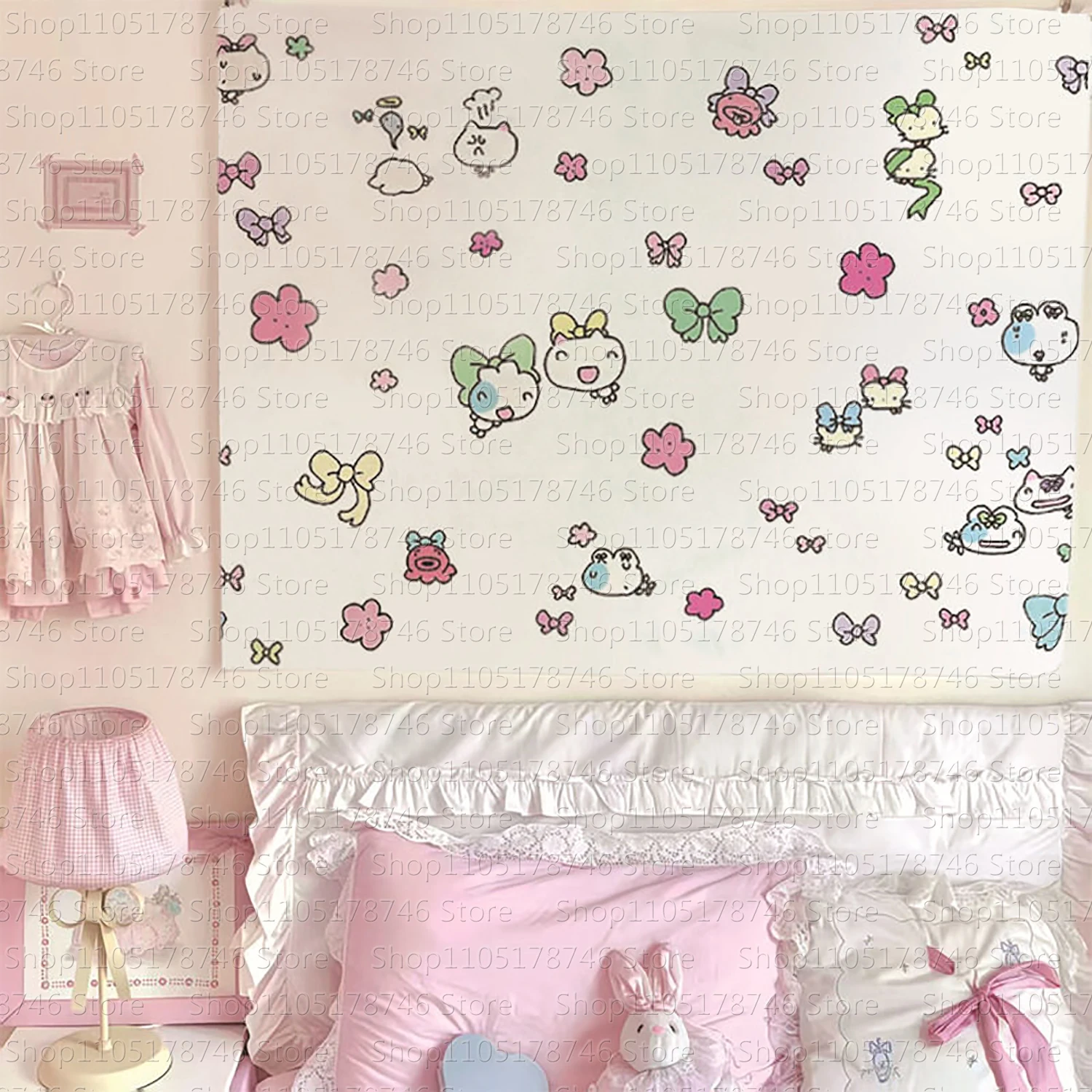Cartoon cute heart tapestry student dormitory background wall wallpaper rental house decoration fabric room background cloth