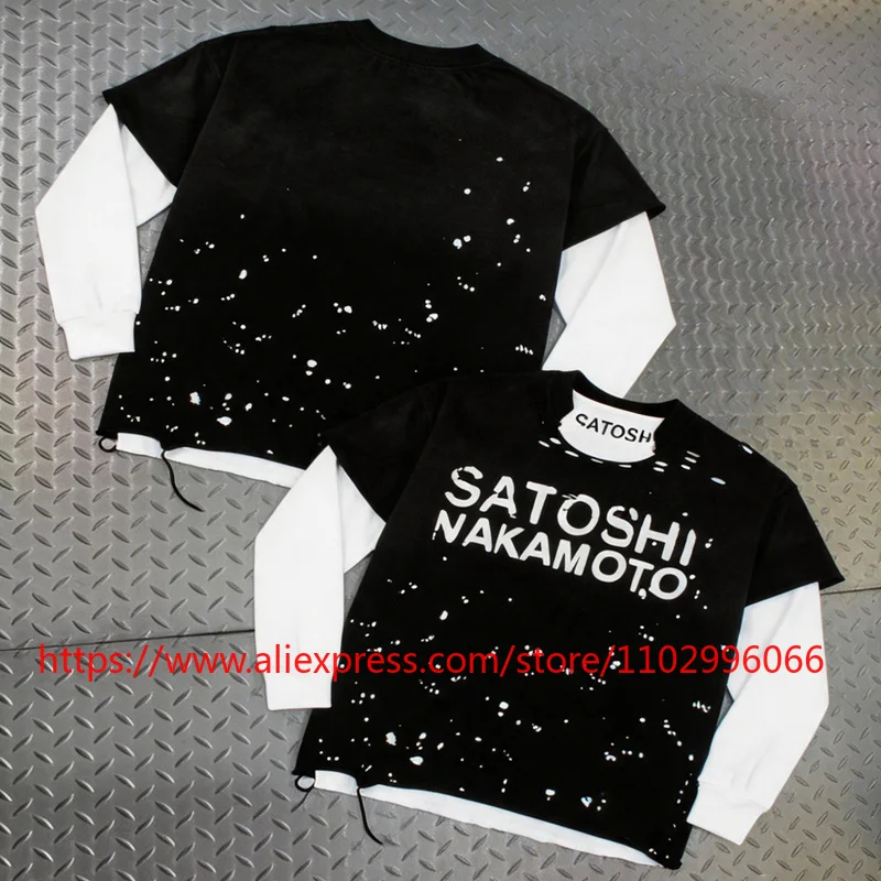 New Y2K Retro Satoshi Nakamoto Two-piece Set with Splashed Ink Print Top Autumn Oversized Men Street Long Sleeve T-shirt