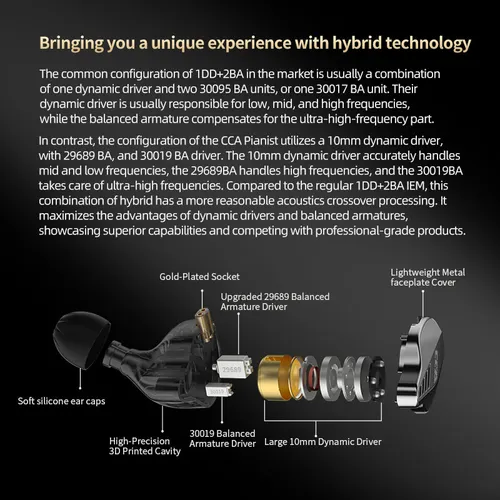 Imagen 2 del producto CCA PIANIST-auriculares intrauditivos híbridos de Metal, cascos con graves HIFI, Monitor, deportivos, con cancelación de ruido