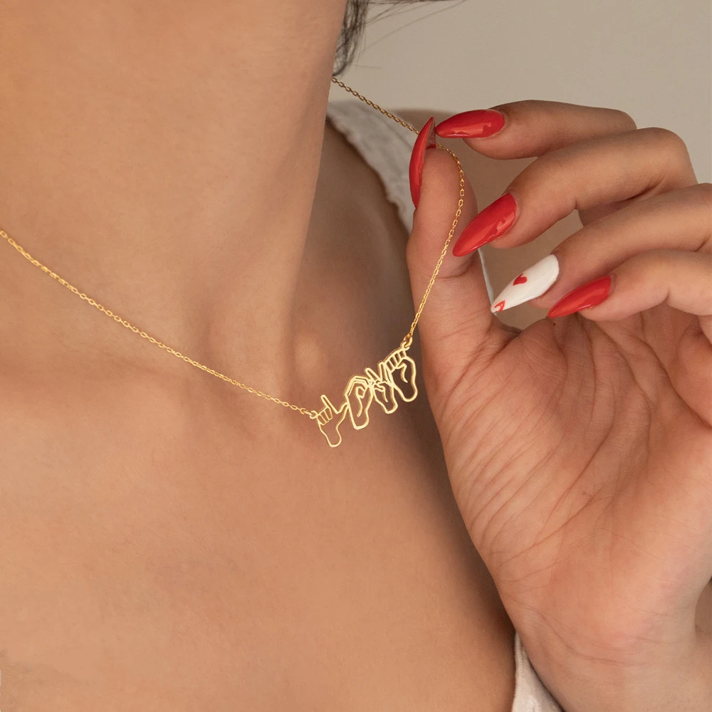 Hand Gesture Personalized ASL Name Necklace Sign Language Custom Necklace Mother's Day Gift for Women Gold Color Chain Choker