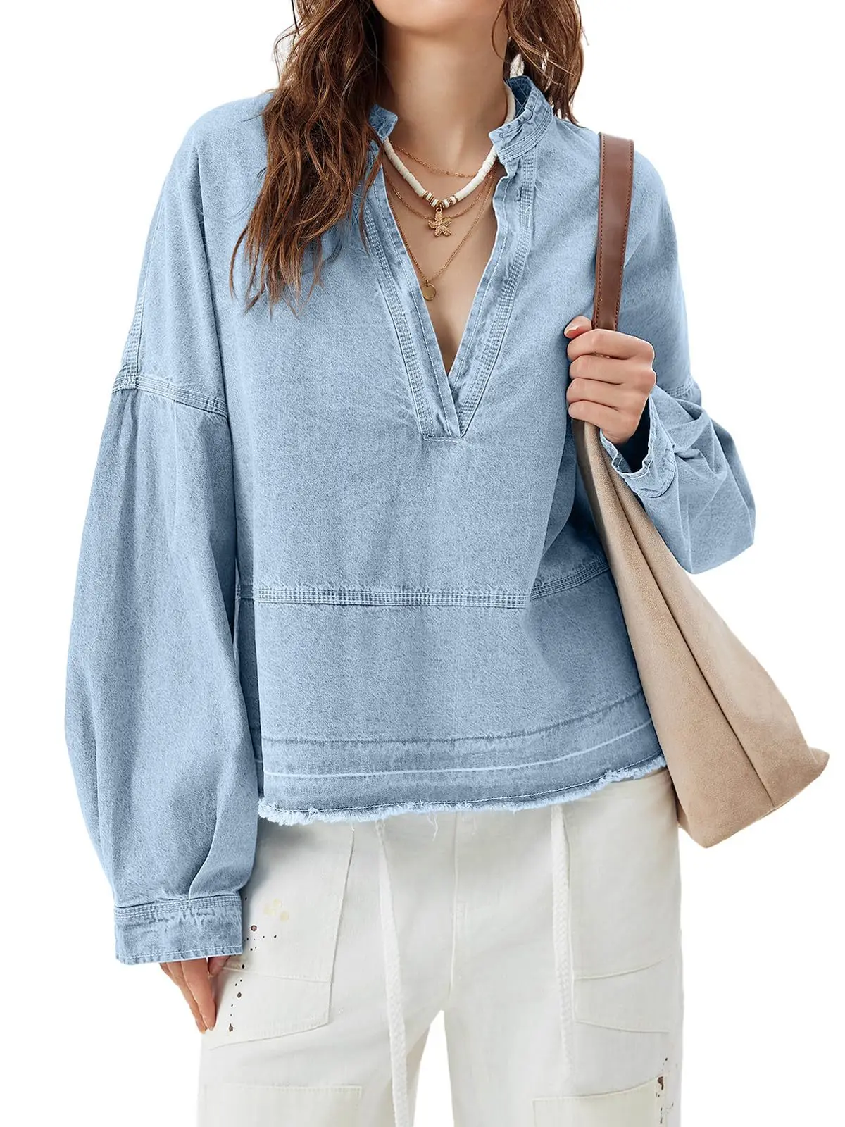 

Европейский осенне-зимний новый многоцветный свободный джинсовый топ с длинными рукавами и v-образным вырезом, свободный джинсовый топ с длинными рукавами