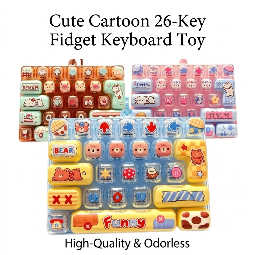 Cute Cartoon 26-Key Fidget Keyboard Toy Mechanical Click Press Button Stress Relief Portable Keychain Pendant Desk Toy