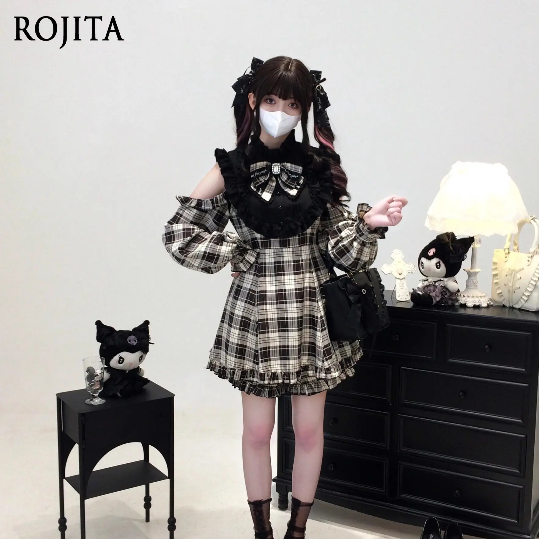 

Japanese shorts Set Off-Shoulder Ruffle Bow Lace Black Collar Burgundy Striped Sleeveless Dress + Short Sleeve + Long Sleeve