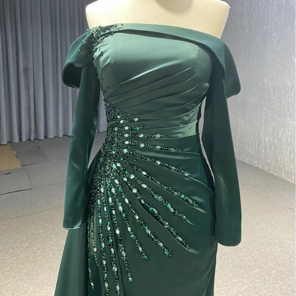 Abito da sera verde senza spalline con maniche lunghe, allacciatura sul retro, cristalli, drappeggiato, personalizzabile 2026