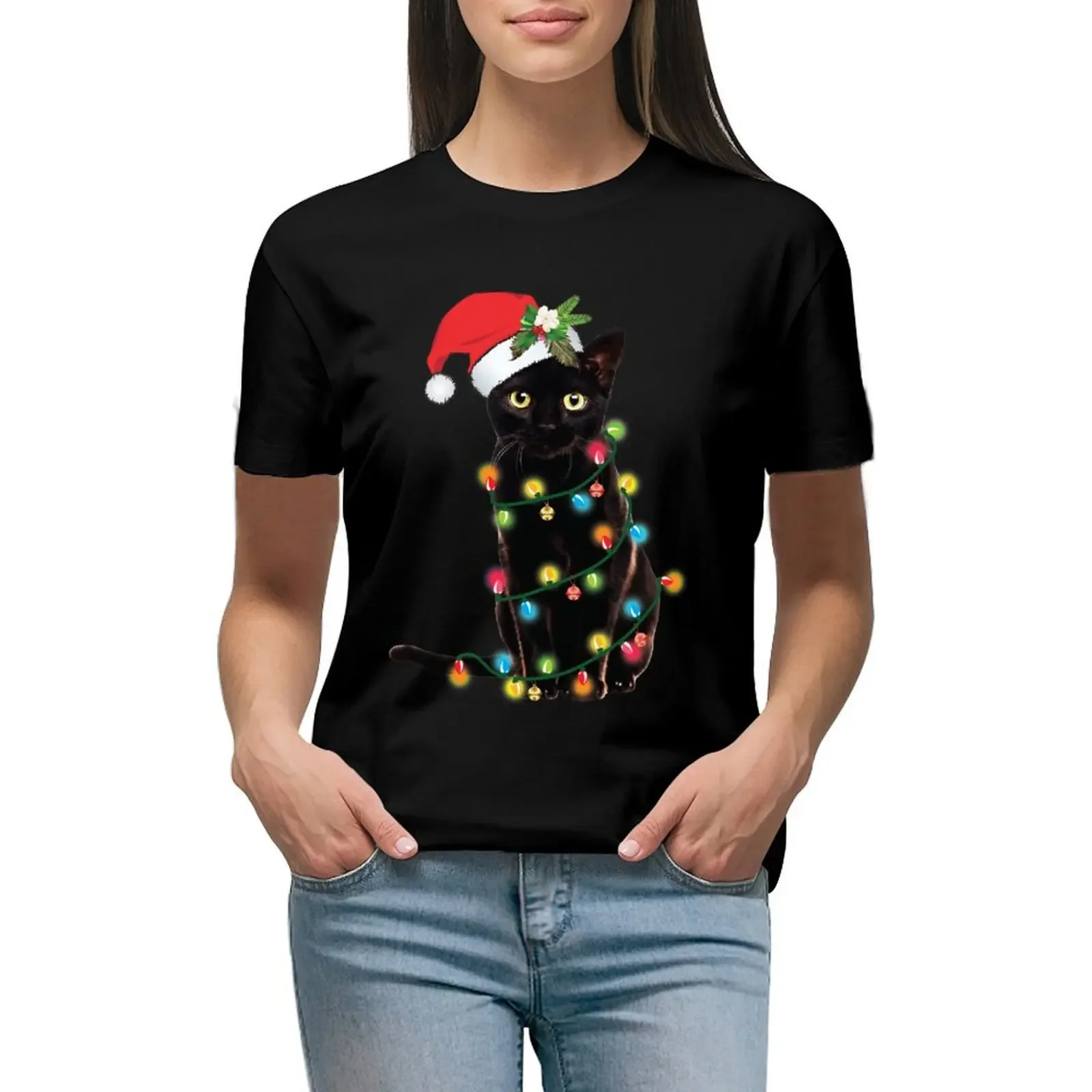 Santa Black Cat Tangled Up In Christmas Tree Lights Holiday T-Shirt Aesthetic clothing animal prinfor ariat shirts for Women