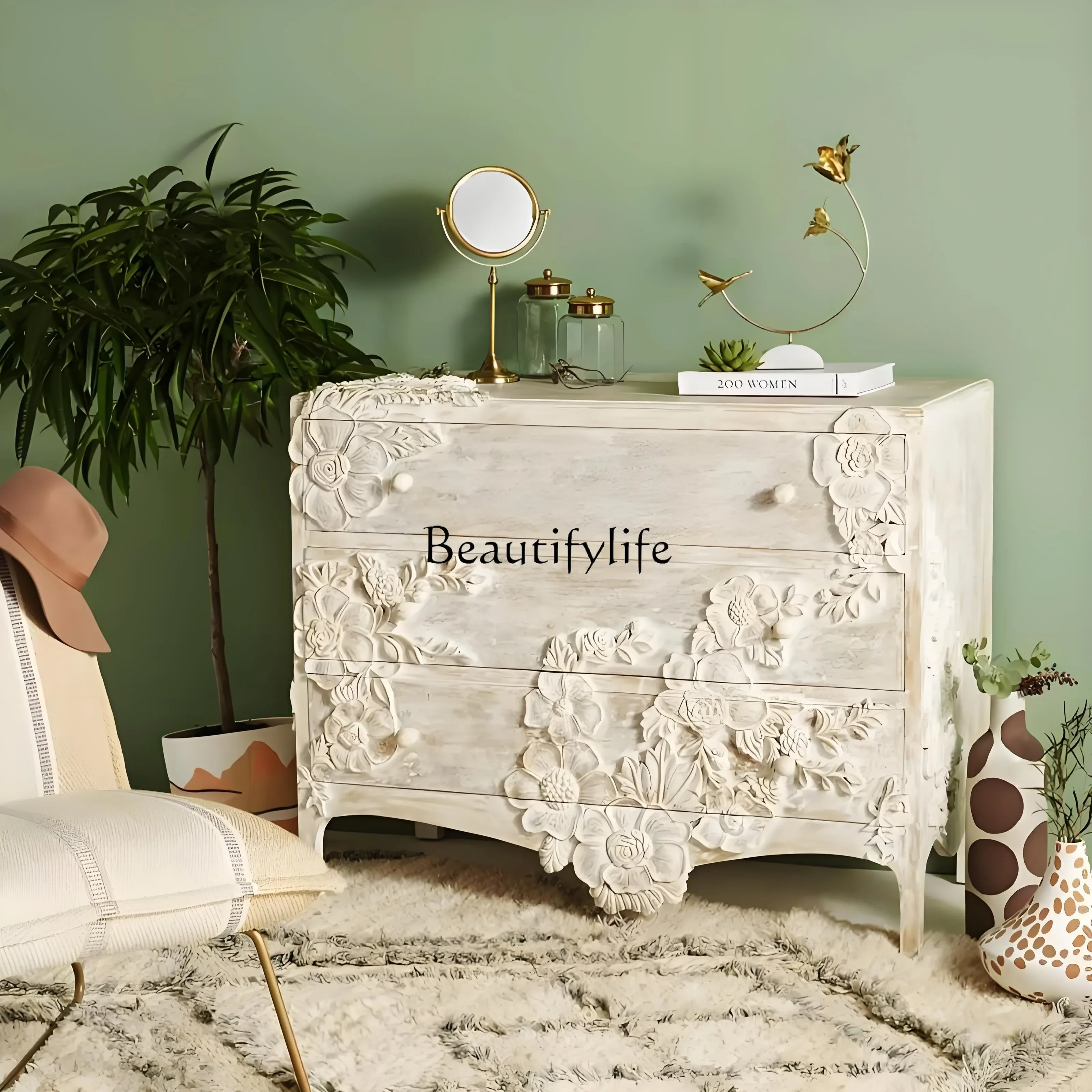 

yj21 French Retro Solid Wood Three-Drawer Cabinet European Neoclassical Carved Drawer American Light Luxury Storage Cabinet