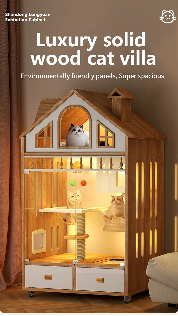 3-Layer Cat Wood Villa Pet Cat Cage Villa Original Wooden Colour Furniture Large Luxury Cat Villa Cage 90cm*60cm*160cm