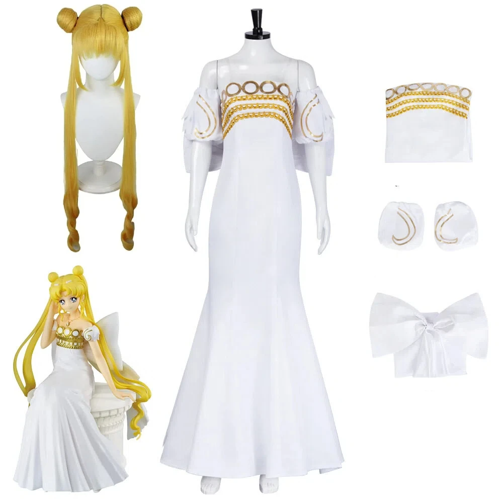 

Anime Sailor Moon Princess Serenity Cosplay White Long Dress Bow Wig Halloween Role Play Anime Cosplay Costumes for Women