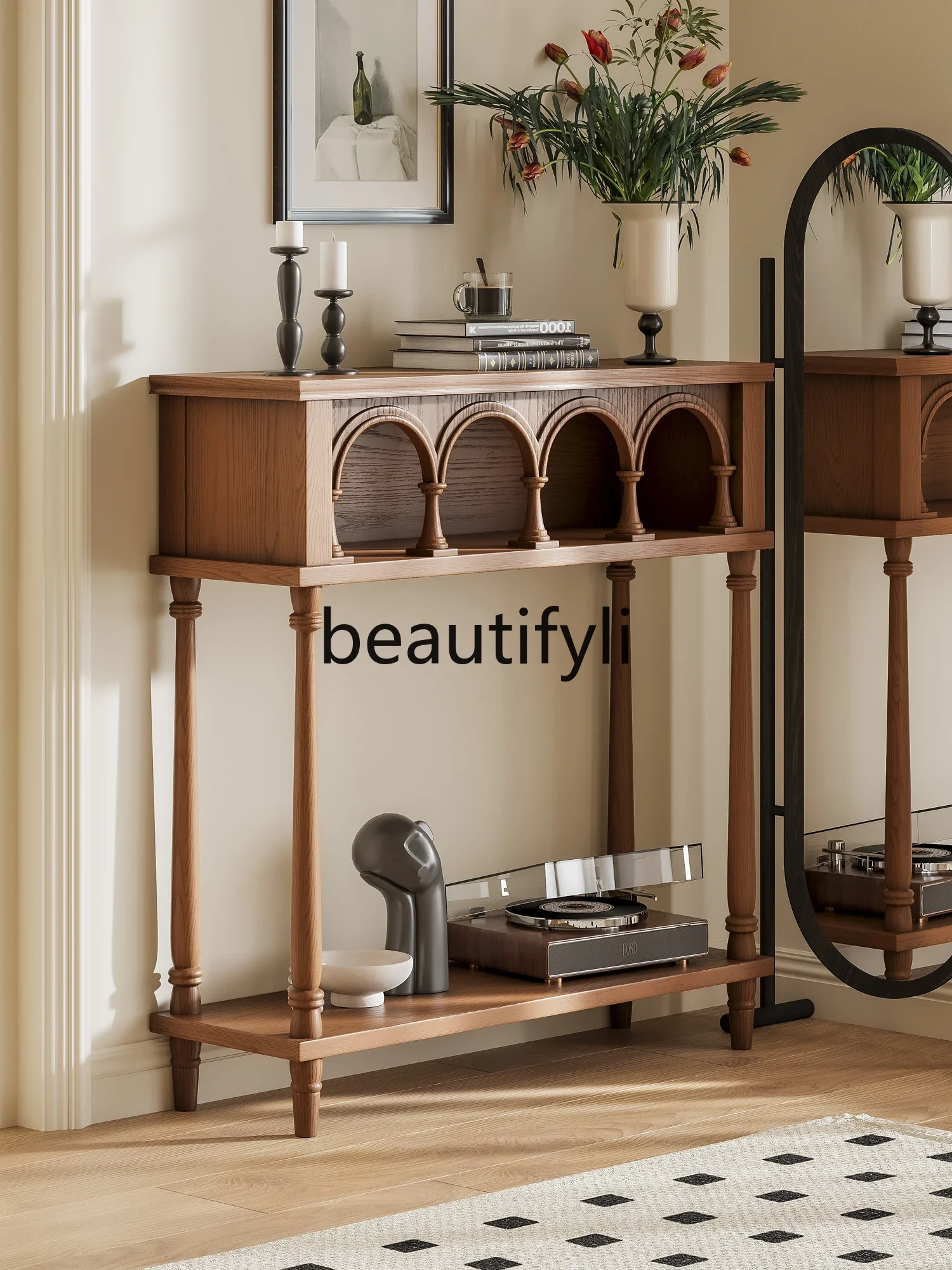 طاولة مدخل قوس من الخشب الصلب من العصور الوسطى، وطاولة مدخل غرفة المعيشة المنزلية، ورف الحائط #5