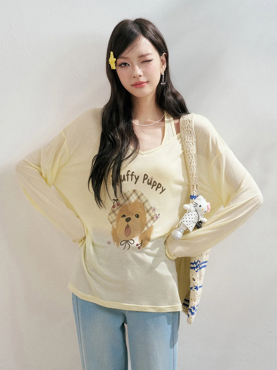 

6DEWS Original Long Sve Dog Print T-irt Loose Versatile Two-Piece Set Commute Sle Slim Fit Youthful Moisture ng