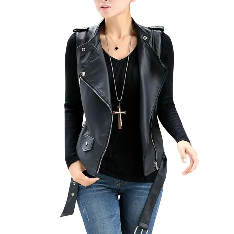 

Leather Vest Coat Jacket Size Women Women's Biker Motorcycle Sleeveless Black